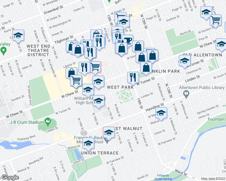 map of restaurants, bars, coffee shops, grocery stores, and more near 222 North 16th Street in Allentown