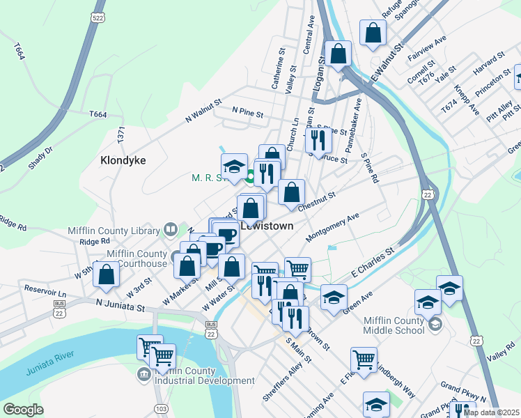 map of restaurants, bars, coffee shops, grocery stores, and more near 211 East 3rd Street in Lewistown