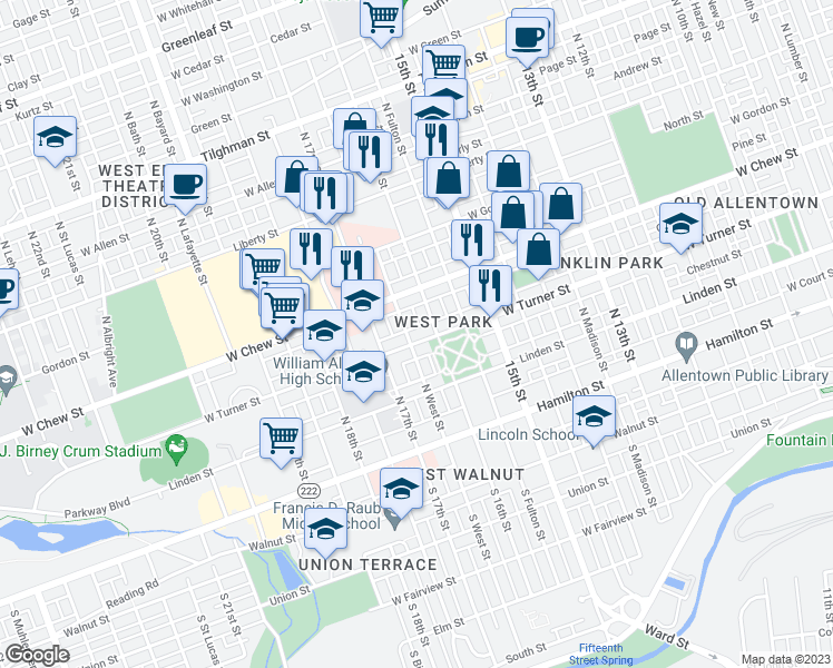 map of restaurants, bars, coffee shops, grocery stores, and more near 1617 West Turner Street in Allentown