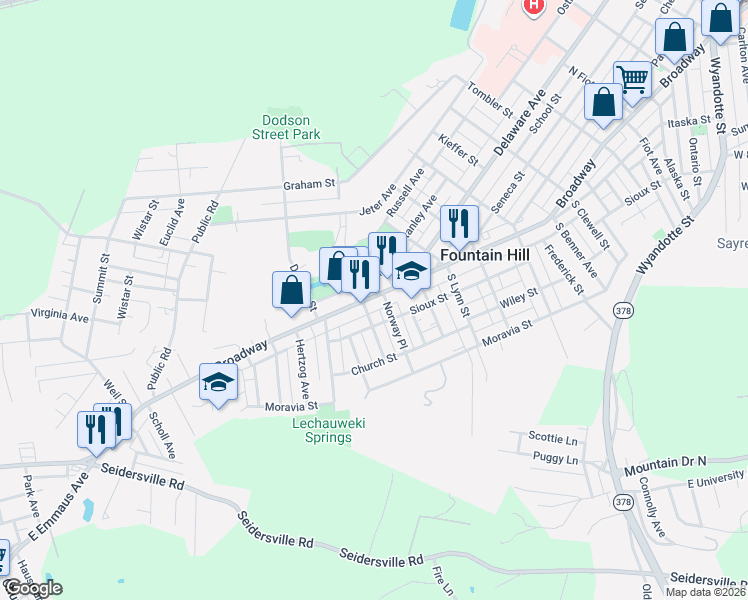 map of restaurants, bars, coffee shops, grocery stores, and more near 1319 Church Alley in Fountain Hill