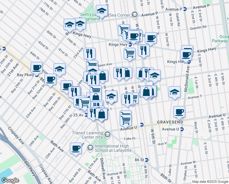 map of restaurants, bars, coffee shops, grocery stores, and more near 1925 West 11th Street in Brooklyn