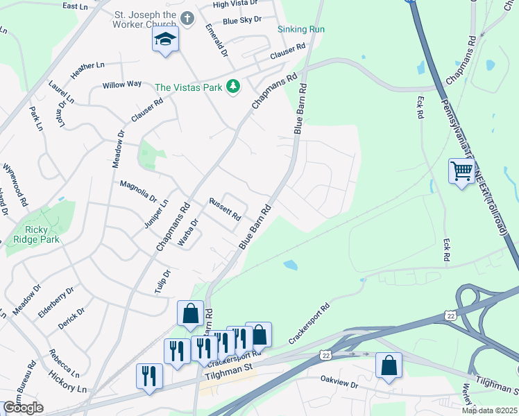 map of restaurants, bars, coffee shops, grocery stores, and more near 1328 Blue Barn Road in Allentown
