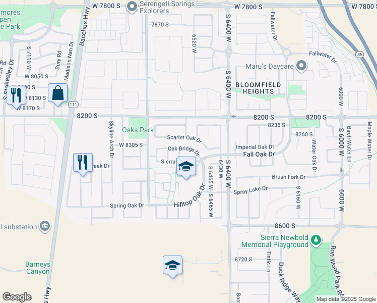 map of restaurants, bars, coffee shops, grocery stores, and more near 6543 Oak Bridge Drive in West Jordan