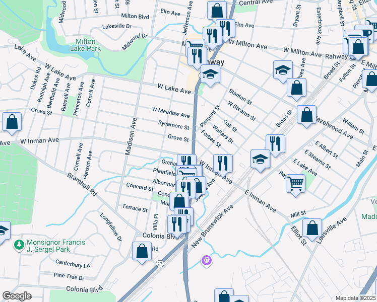 map of restaurants, bars, coffee shops, grocery stores, and more near 560 Saint Georges Avenue in Rahway