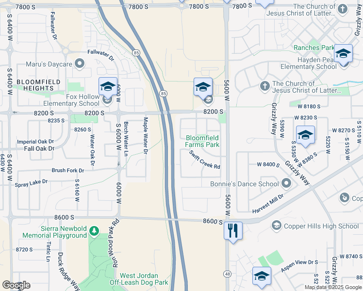 map of restaurants, bars, coffee shops, grocery stores, and more near 5746 Swift Creek Road in West Jordan