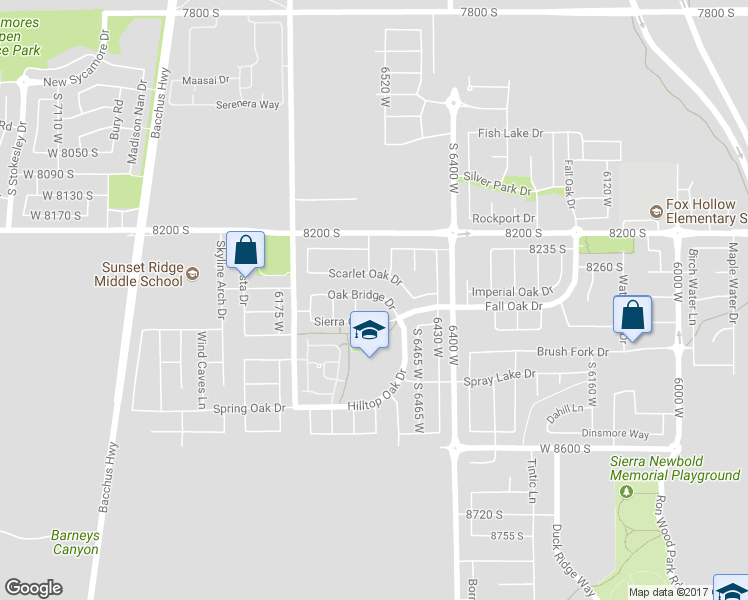 map of restaurants, bars, coffee shops, grocery stores, and more near 6543 Oak Bridge Drive in West Jordan