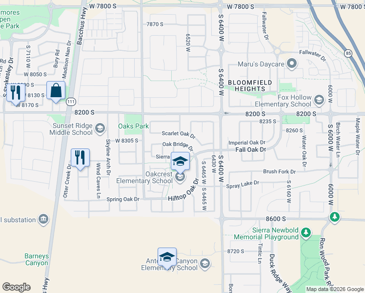 map of restaurants, bars, coffee shops, grocery stores, and more near 6543 Oak Bridge Drive in West Jordan