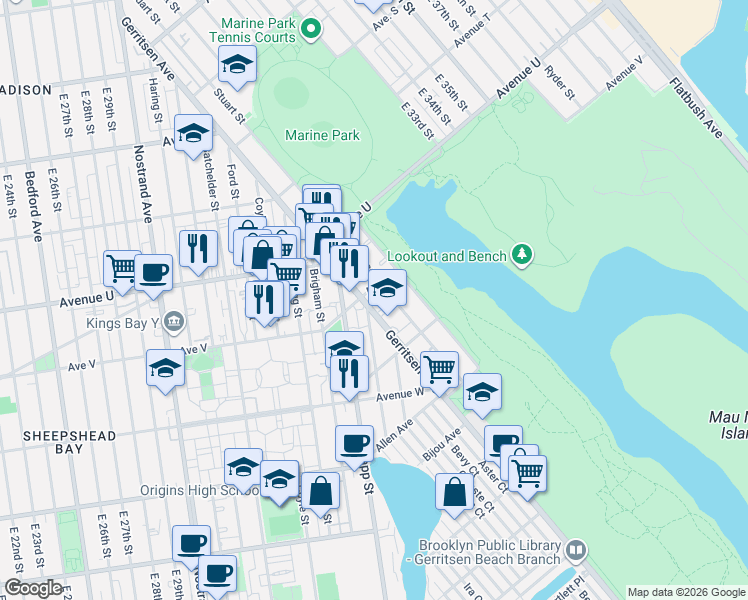 map of restaurants, bars, coffee shops, grocery stores, and more near 3180 Avenue V in Brooklyn