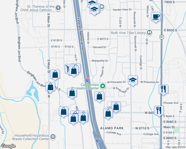 map of restaurants, bars, coffee shops, grocery stores, and more near 8323 South Adams Street in Midvale