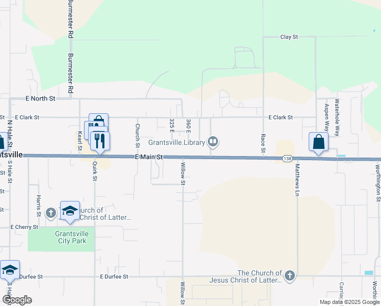 map of restaurants, bars, coffee shops, grocery stores, and more near 361 East Main Street in Grantsville