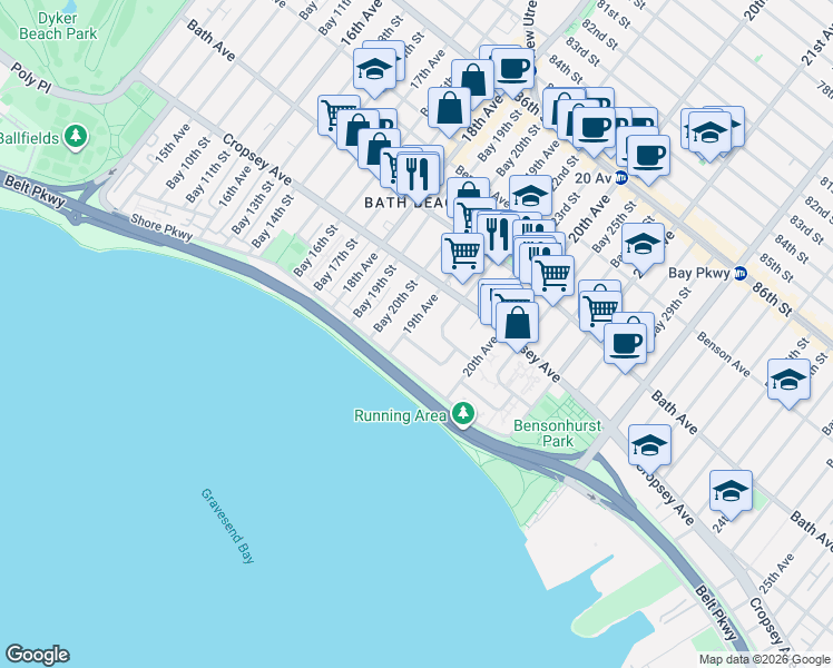 map of restaurants, bars, coffee shops, grocery stores, and more near 260 Bay 22nd Street in Brooklyn