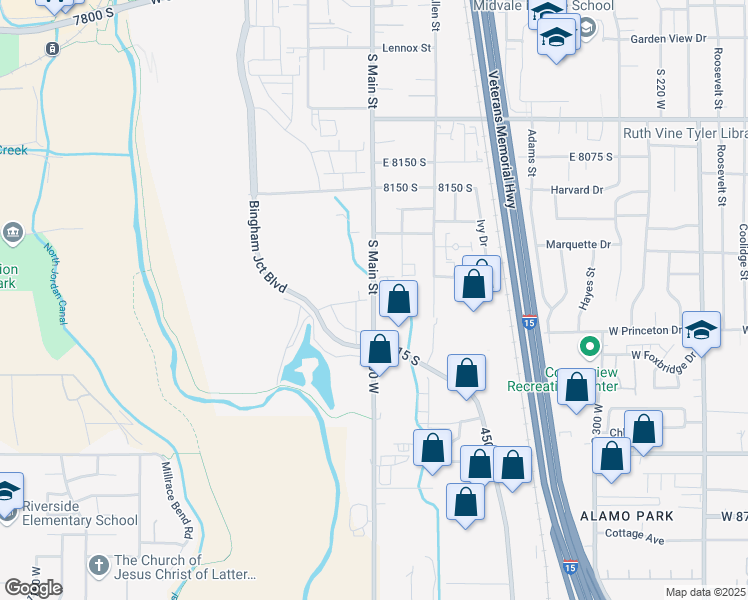 map of restaurants, bars, coffee shops, grocery stores, and more near 8278 Main Street in Midvale