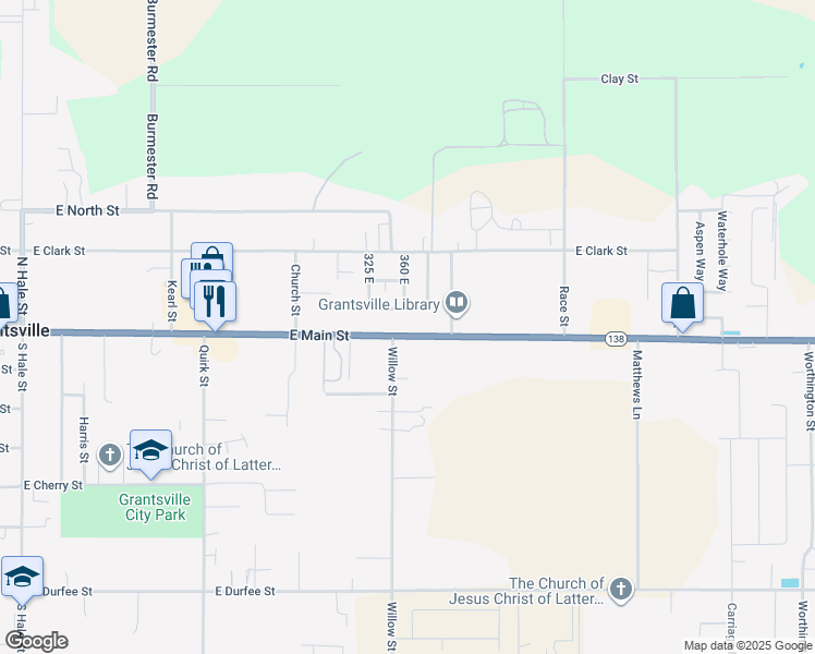 map of restaurants, bars, coffee shops, grocery stores, and more near 361 East Main Street in Grantsville