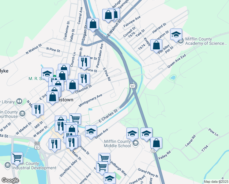 map of restaurants, bars, coffee shops, grocery stores, and more near Lawler Place in Lewistown