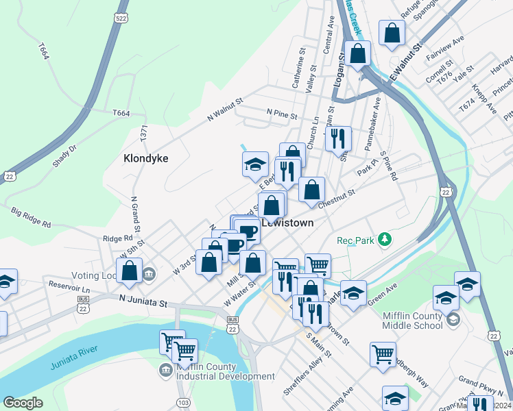 map of restaurants, bars, coffee shops, grocery stores, and more near 125 East 3rd Street in Lewistown