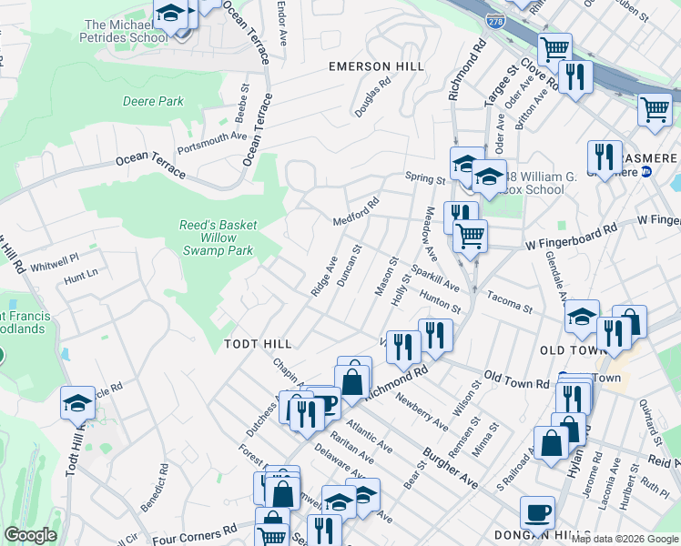 map of restaurants, bars, coffee shops, grocery stores, and more near 62 Ridge Avenue in Staten Island