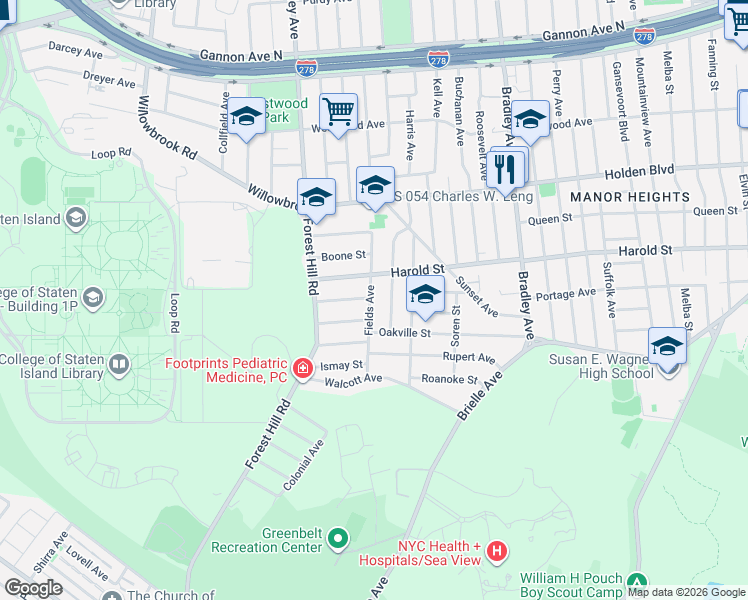 map of restaurants, bars, coffee shops, grocery stores, and more near 95 Fields Avenue in Staten Island