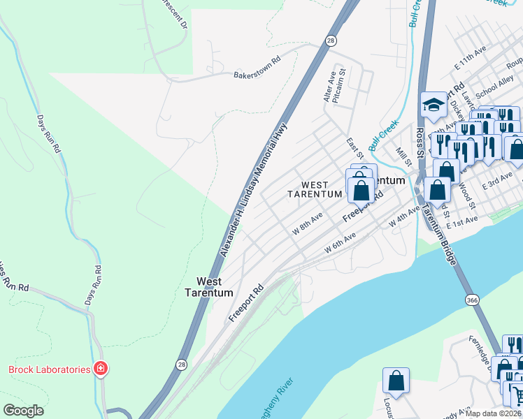 map of restaurants, bars, coffee shops, grocery stores, and more near 1016 Grantham Street in Tarentum