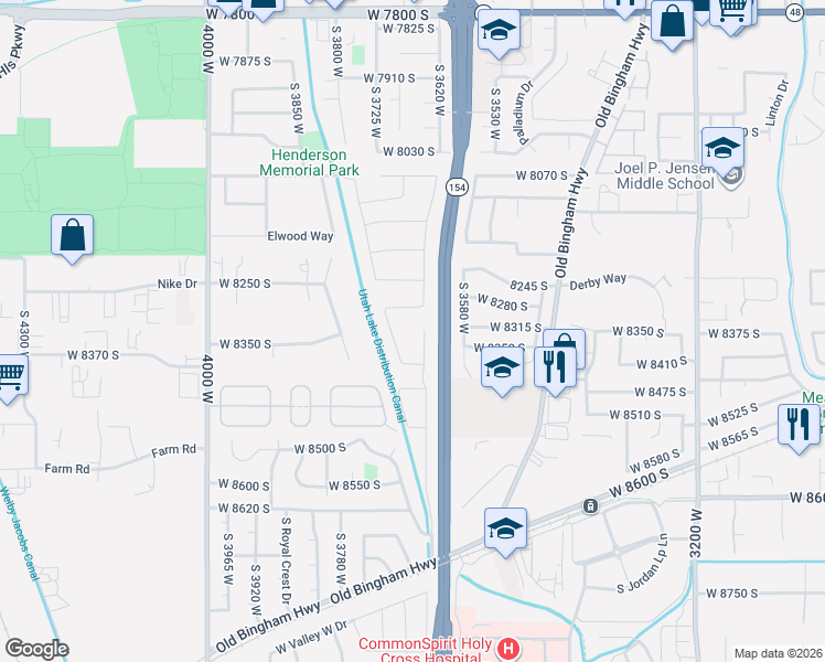 map of restaurants, bars, coffee shops, grocery stores, and more near 8322 Borealis Court in West Jordan