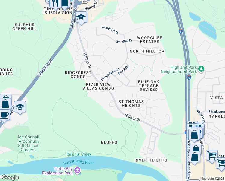 map of restaurants, bars, coffee shops, grocery stores, and more near 451 Hilltop Drive in Redding