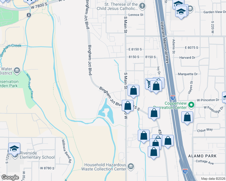 map of restaurants, bars, coffee shops, grocery stores, and more near 8234-8266 South Main Street in Midvale
