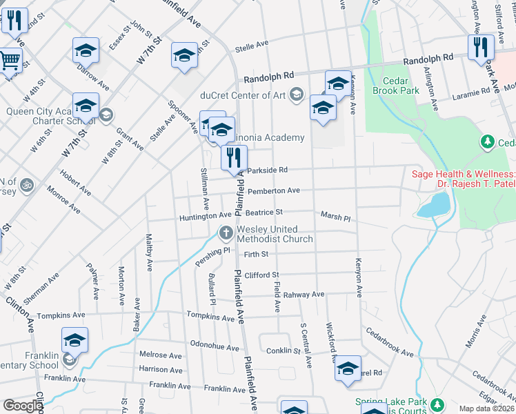 map of restaurants, bars, coffee shops, grocery stores, and more near 520 Huntington Avenue in Plainfield