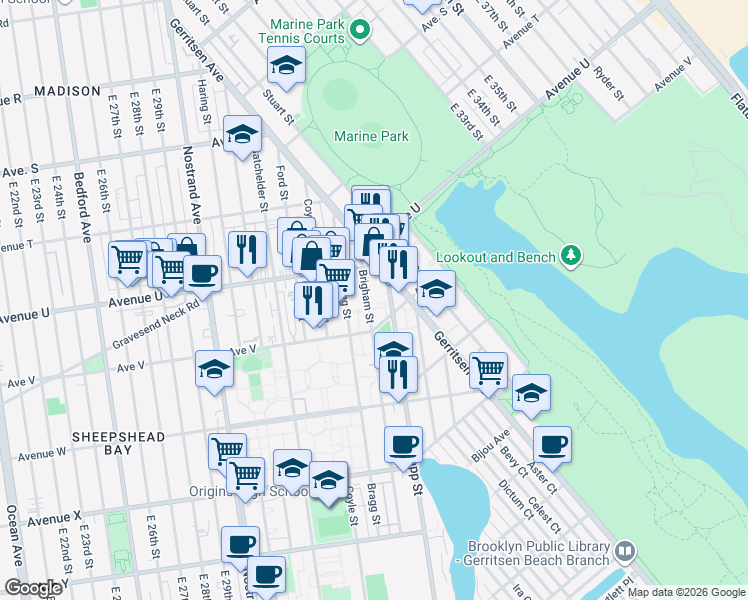 map of restaurants, bars, coffee shops, grocery stores, and more near 2145 Brigham Street in Brooklyn
