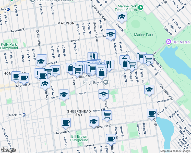 map of restaurants, bars, coffee shops, grocery stores, and more near 2104 East 29th Street in Brooklyn