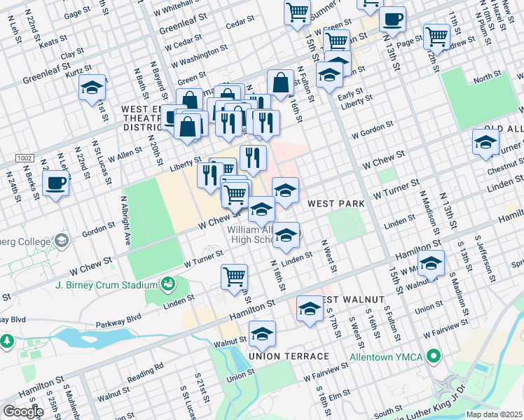 map of restaurants, bars, coffee shops, grocery stores, and more near 1742-1/2 West Chew Street in Allentown