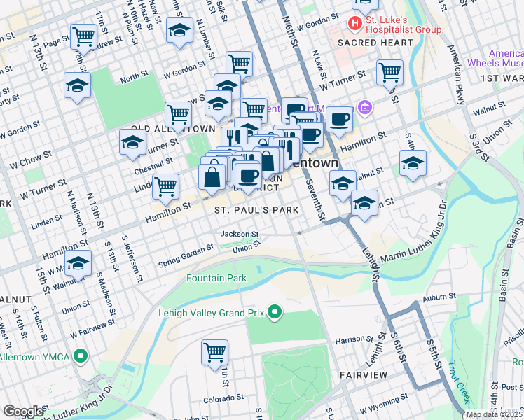 map of restaurants, bars, coffee shops, grocery stores, and more near 831 Walnut Street in Allentown