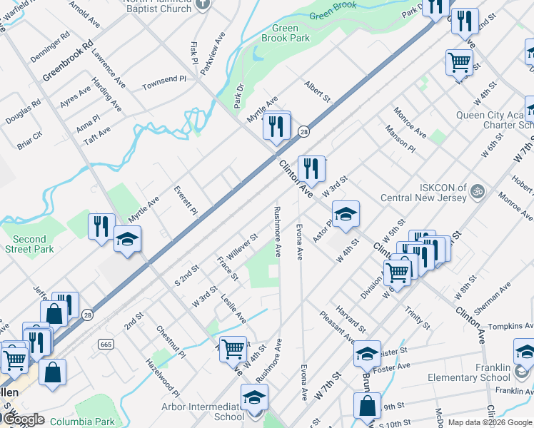 map of restaurants, bars, coffee shops, grocery stores, and more near 1337 South 2nd Street in Plainfield
