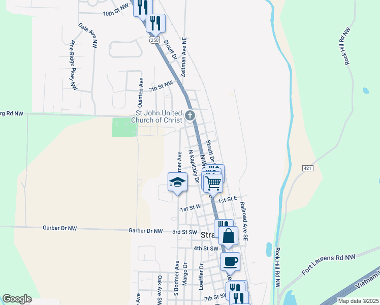 map of restaurants, bars, coffee shops, grocery stores, and more near 125 4th Street Northwest in Strasburg