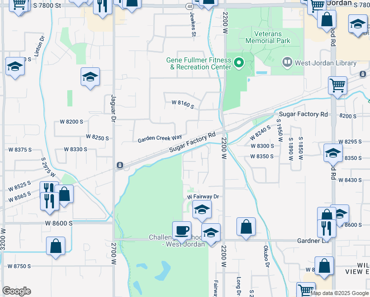 map of restaurants, bars, coffee shops, grocery stores, and more near 2347 Sugar Factory Road in West Jordan