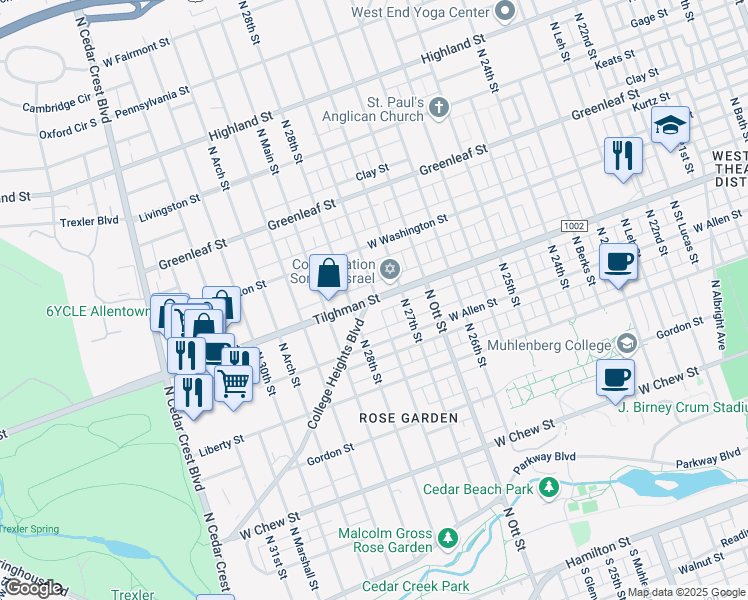 map of restaurants, bars, coffee shops, grocery stores, and more near 2725 Tilghman Street in Allentown