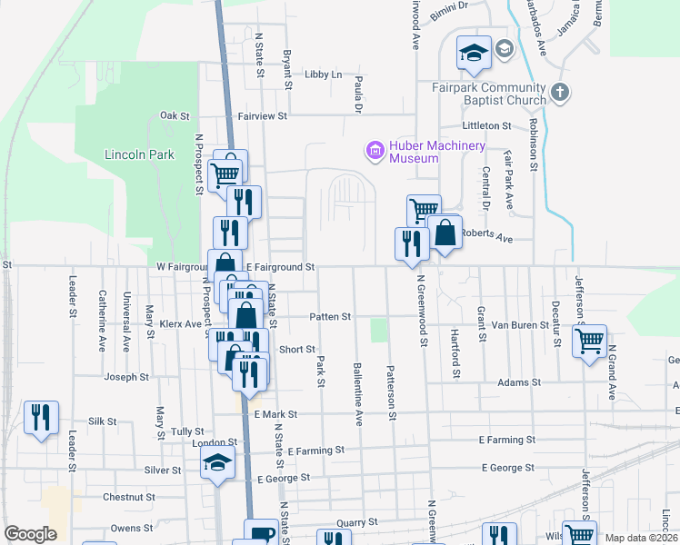 map of restaurants, bars, coffee shops, grocery stores, and more near 220 East Fairground Street in Marion