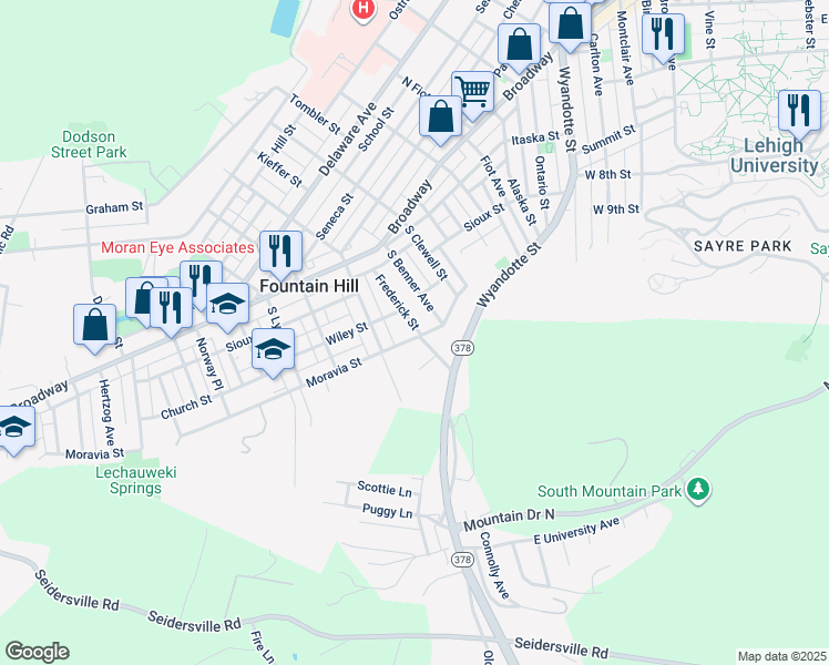map of restaurants, bars, coffee shops, grocery stores, and more near 1029 Moravia Street in Fountain Hill