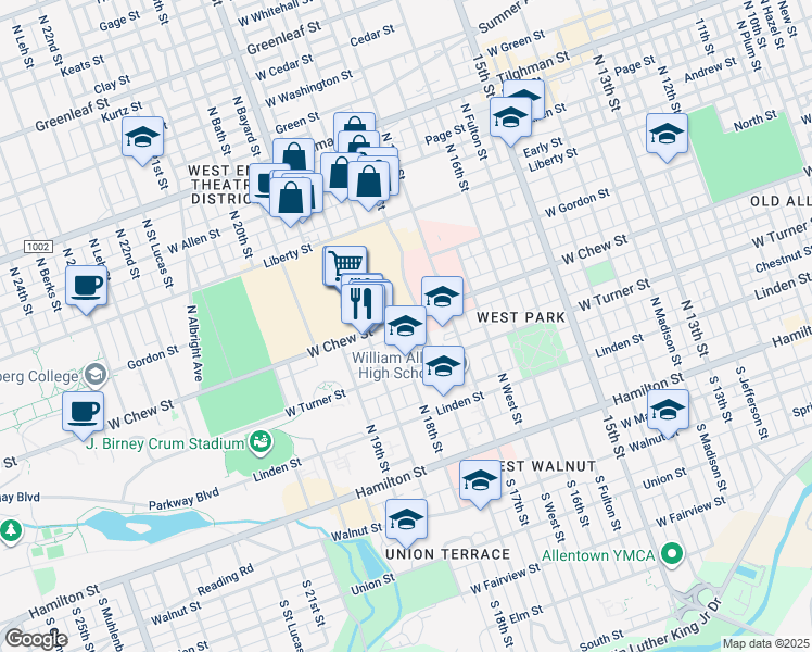 map of restaurants, bars, coffee shops, grocery stores, and more near 1742-1/2 West Chew Street in Allentown