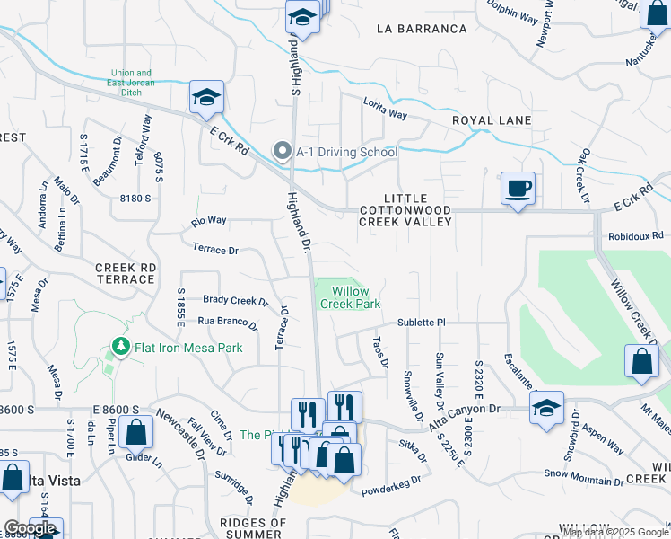 map of restaurants, bars, coffee shops, grocery stores, and more near 2110 Oak Haven Place in Sandy