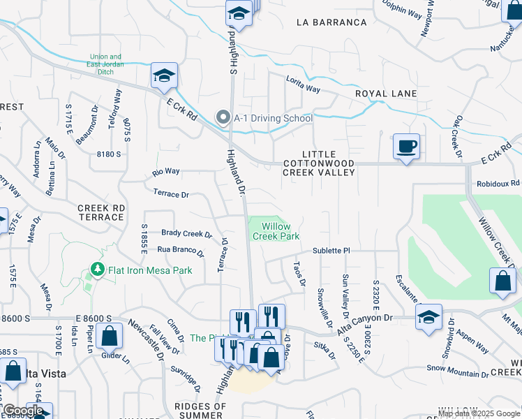 map of restaurants, bars, coffee shops, grocery stores, and more near 2110 Oak Haven Place in Sandy