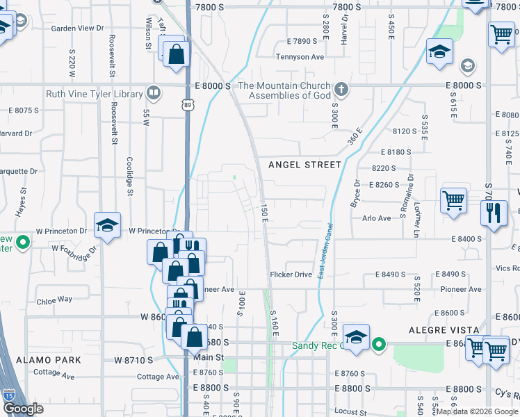 map of restaurants, bars, coffee shops, grocery stores, and more near 8278 South Resaca Drive in Sandy