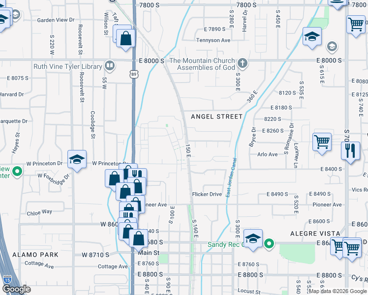 map of restaurants, bars, coffee shops, grocery stores, and more near 8278 South Resaca Drive in Sandy