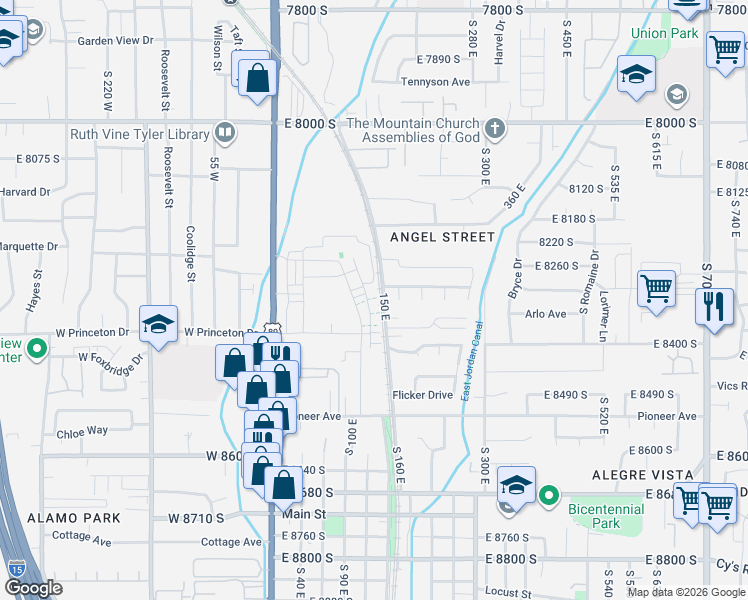 map of restaurants, bars, coffee shops, grocery stores, and more near 8278 South Resaca Drive in Sandy