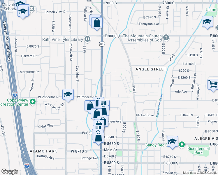 map of restaurants, bars, coffee shops, grocery stores, and more near 43 Opequon Road in Sandy