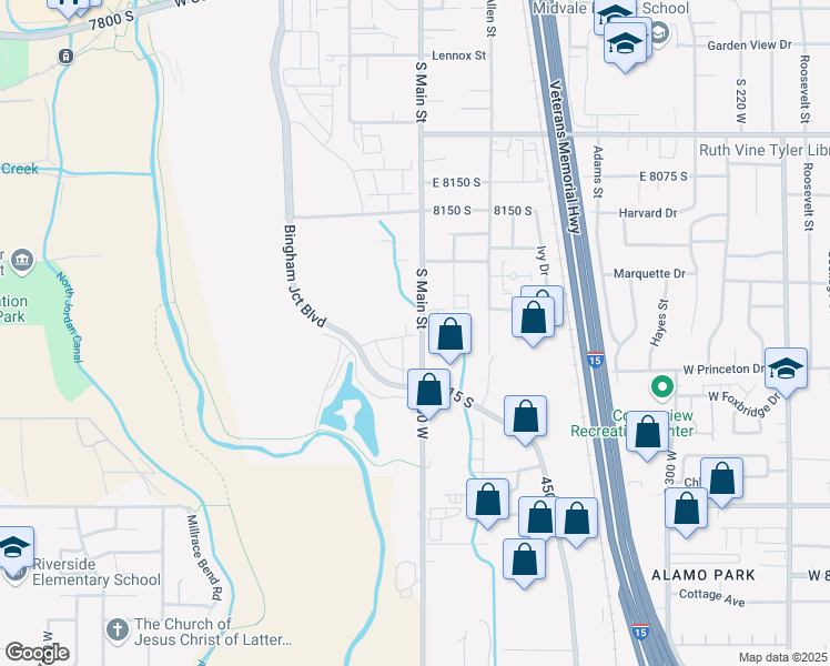 map of restaurants, bars, coffee shops, grocery stores, and more near 8200-8342 S Main St in Sandy