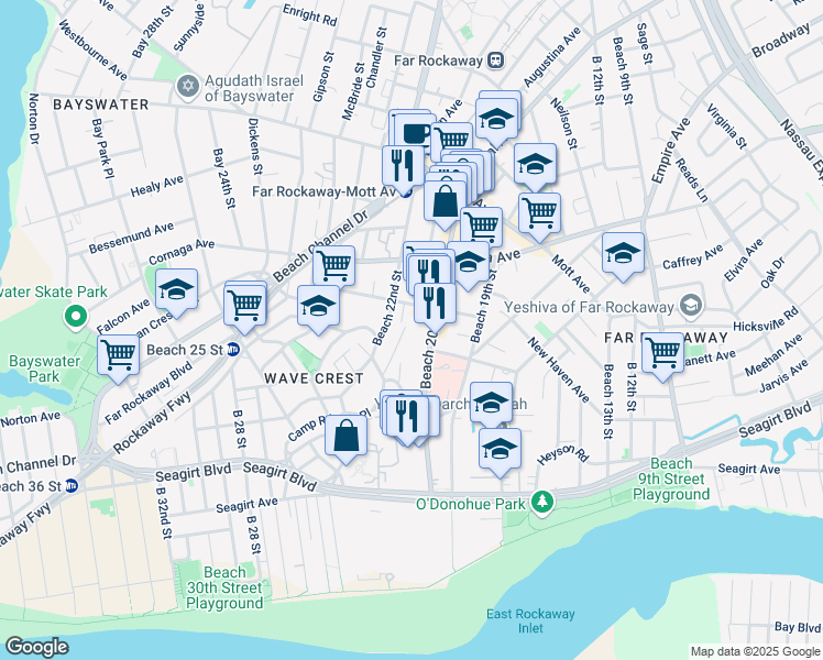 map of restaurants, bars, coffee shops, grocery stores, and more near 536 Beach 21st Street in Queens