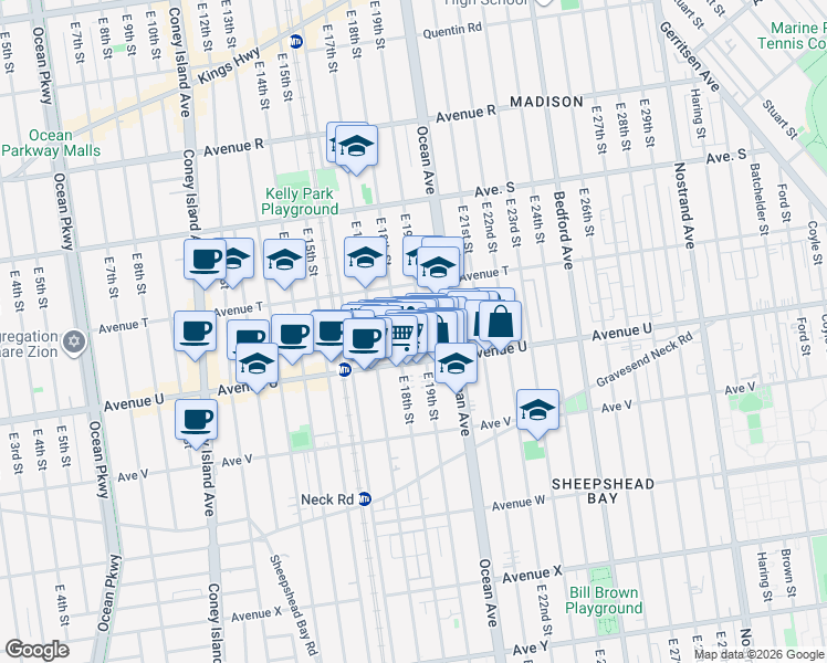 map of restaurants, bars, coffee shops, grocery stores, and more near 2040 East 19th Street in Brooklyn