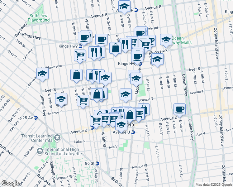 map of restaurants, bars, coffee shops, grocery stores, and more near 1940 West 3rd Street in Brooklyn