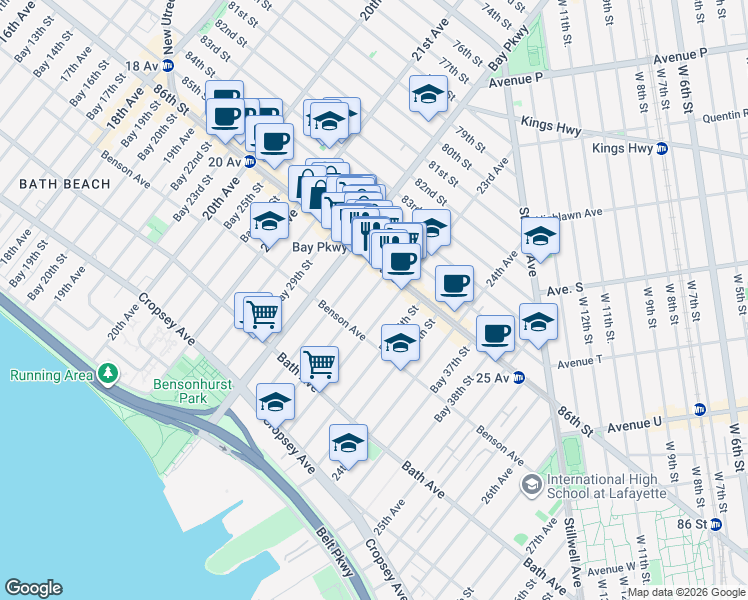 map of restaurants, bars, coffee shops, grocery stores, and more near 38 Bay 32nd Street in Brooklyn