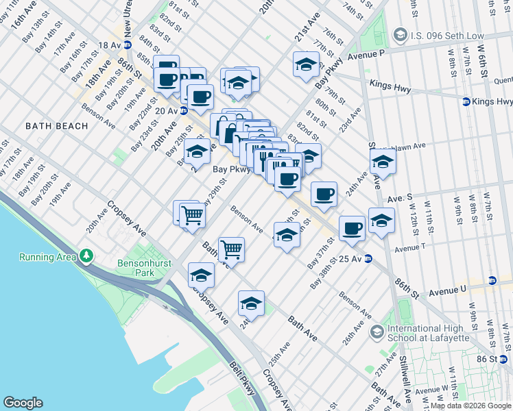 map of restaurants, bars, coffee shops, grocery stores, and more near 38 Bay 32nd Street in Brooklyn