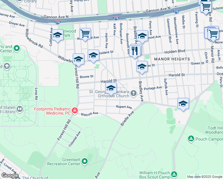 map of restaurants, bars, coffee shops, grocery stores, and more near 69 McDonald Street in Staten Island